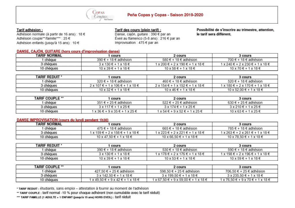 tarifs copas y compas 2019