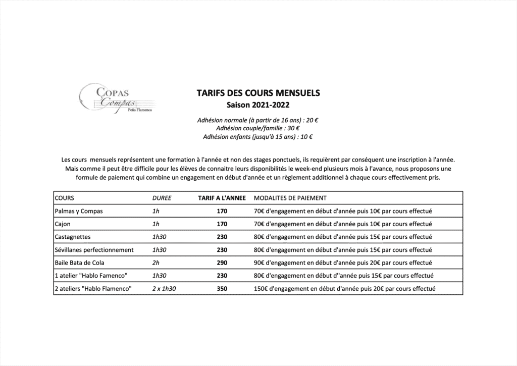 tarifs cours mensuels saison 2021-2022