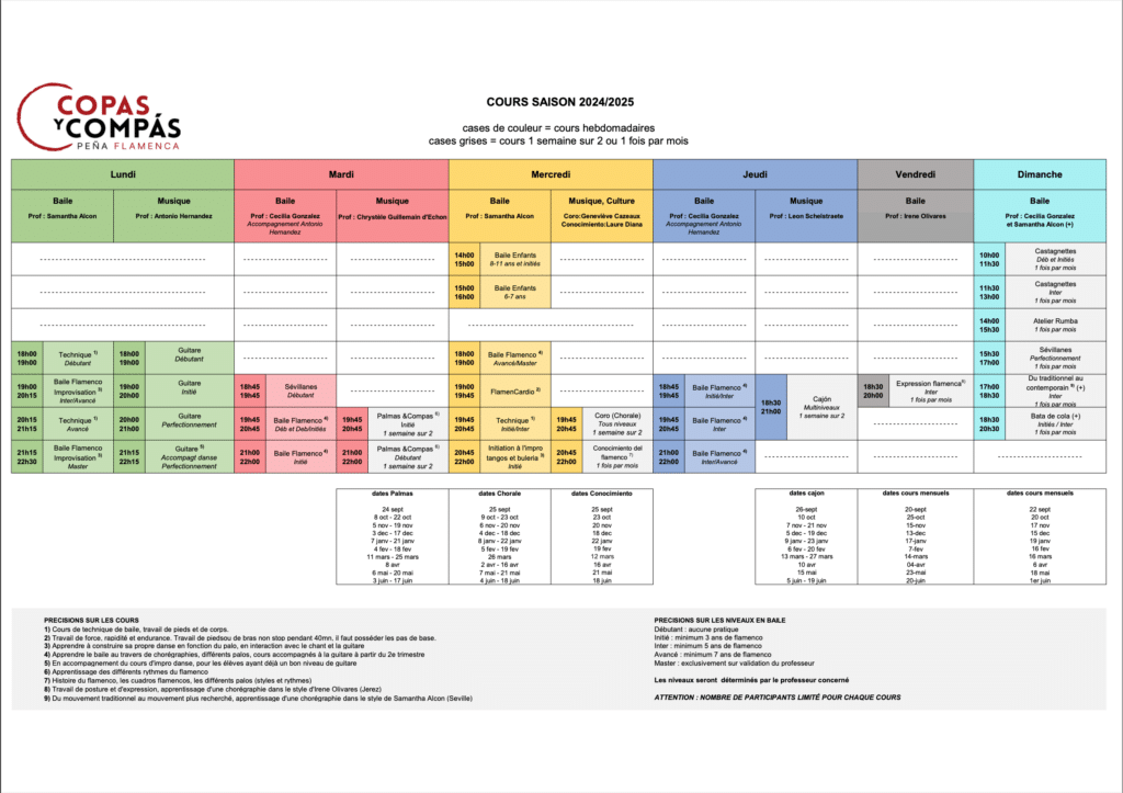 planning cours flamenco copas y compas