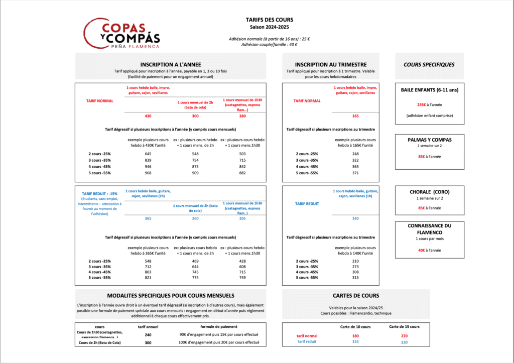 tarifs cours flamenco copas y compas